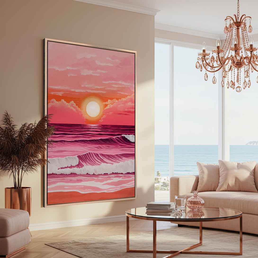 Framed Wall Art featuring a sunset over the ocean in a pink and orange color palette. Coastal decor inspiration for your living room.