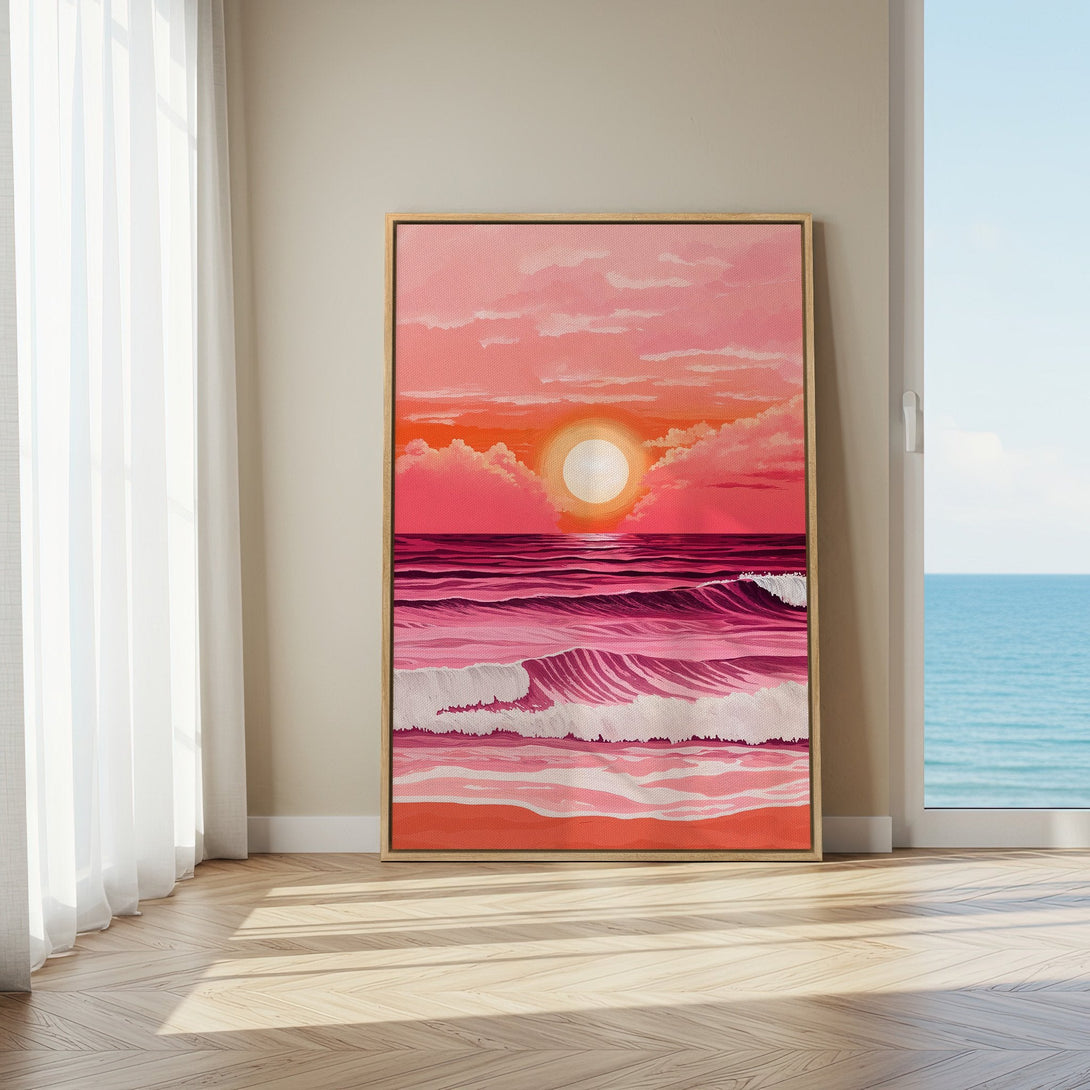Framed Wall Art: Sunset over ocean waves in pink and orange hues. Coastal art canvas print perfect for adding a pop of color to your home decor.