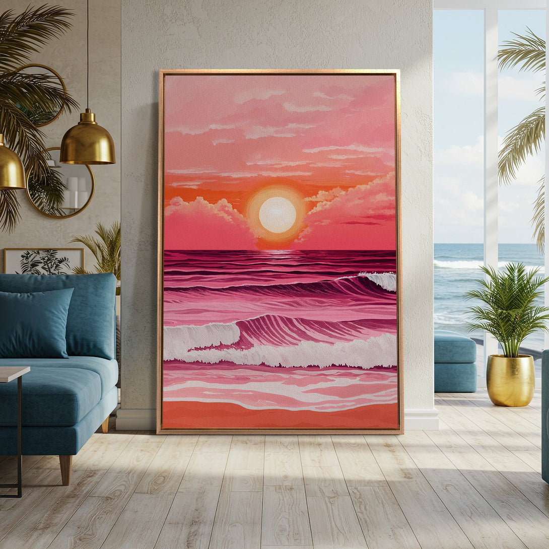 Framed Wall Art: Sunset over ocean in pink and orange hues. Coastal art print perfect for a relaxing living room. Add warmth and style to your space!