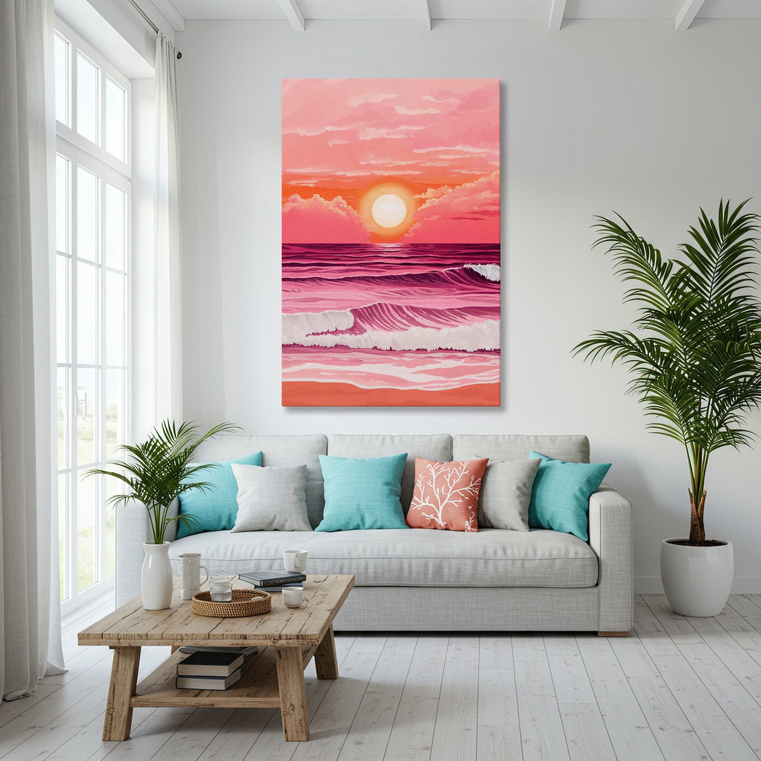 Framed Wall Art: Sunset over ocean in pink and orange hues. Coastal style canvas print adds warmth to any room. Shop now!