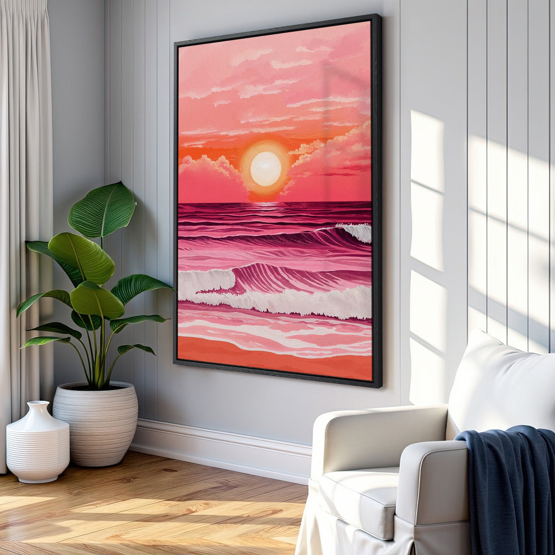 Framed Wall Art: Stunning sunset over ocean waves in pink and orange hues. Coastal-inspired canvas print adds a pop of color and serenity to any space.