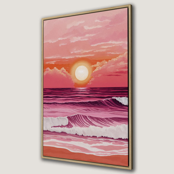 Framed Wall Art: Sunset over ocean waves in pink and orange hues. Coastal art print for a serene, stylish home. Add a touch of calm to your space!