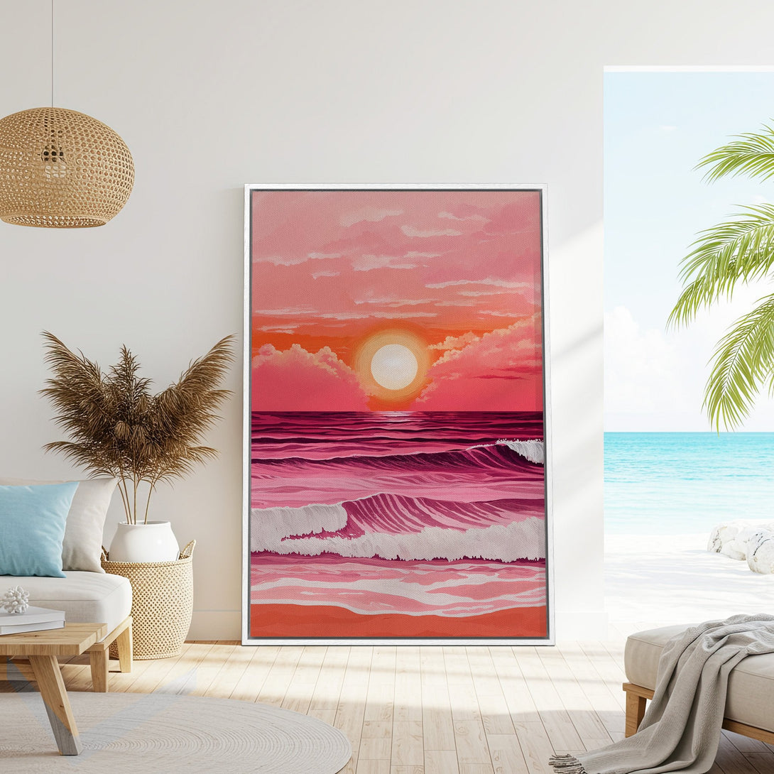 Framed Wall Art: Pink sunset over ocean waves. Coastal art in a modern interior. Warm, inviting color palette for a relaxing vibe.