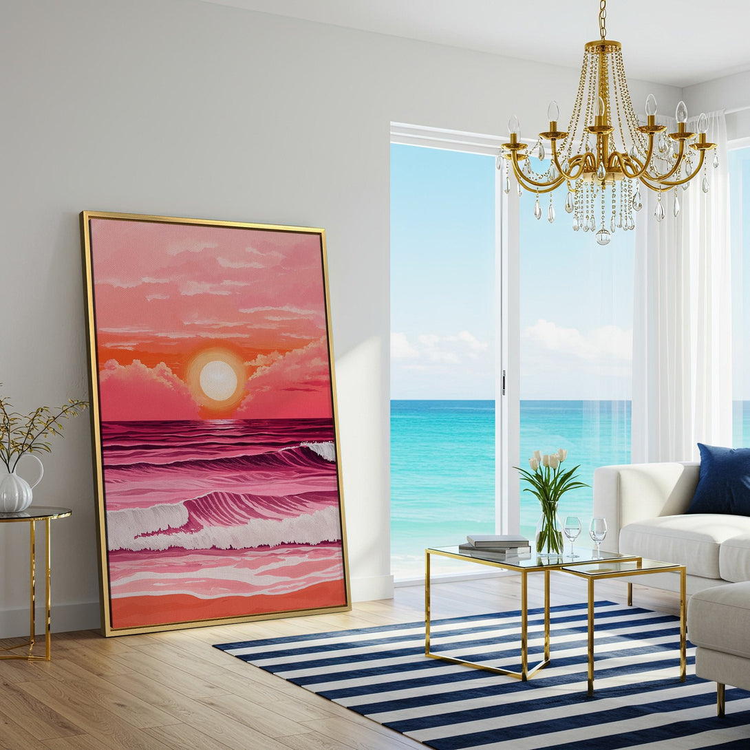 Canvas Print of a sunset over the ocean in a modern interior. Pink and orange color palette, minimalist style. Coastal wall art for your home.