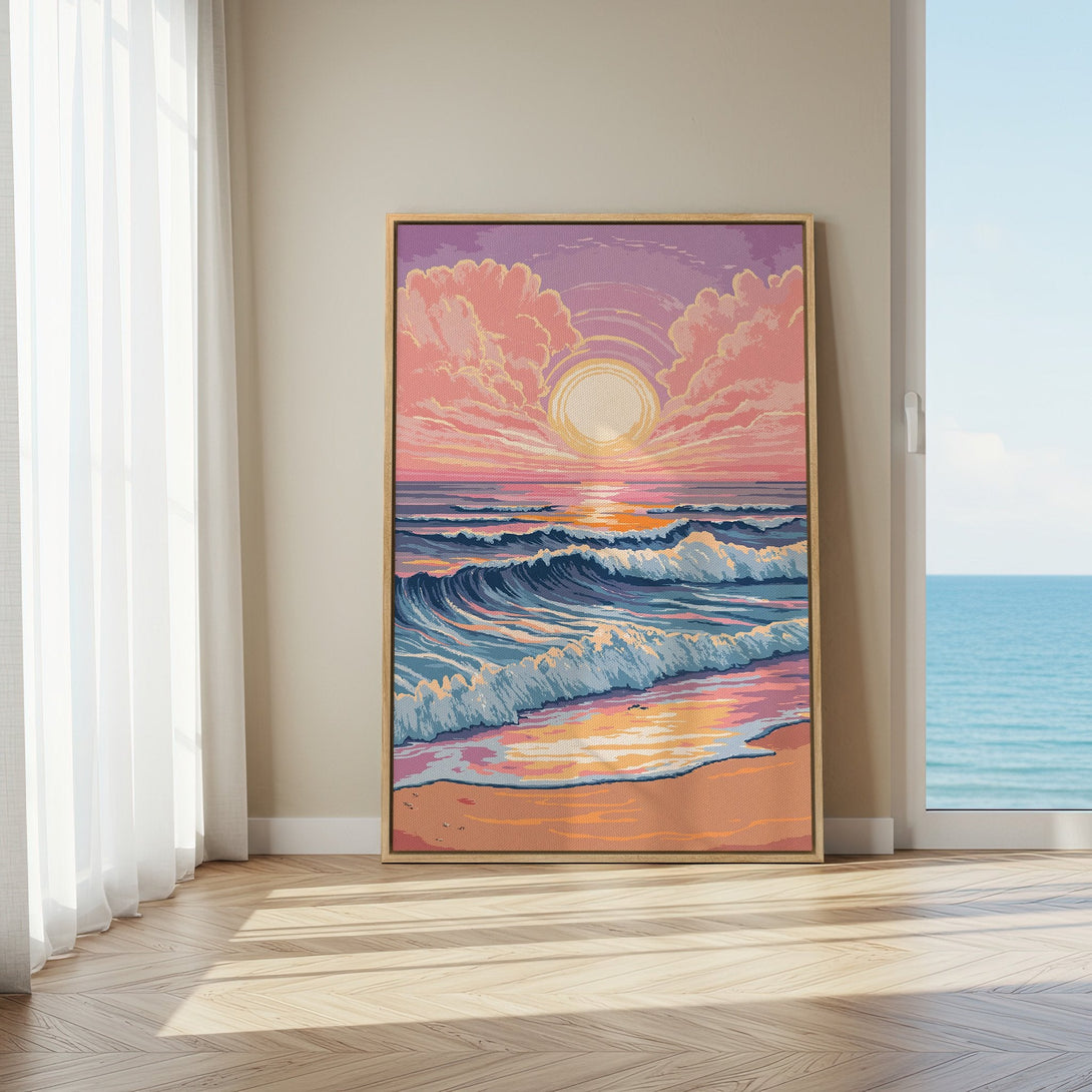 Framed Wall Art: Coastal sunset canvas print in pastel pinks, blues, and oranges. Perfect beach decor for a serene living room.