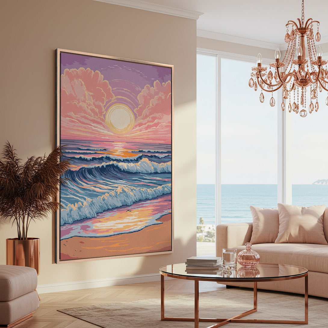 Framed Wall Art: Coastal sunset Canvas Print in a pixelated style, featuring warm pinks, blues, and oranges. Perfect for adding a touch of serenity to your home.