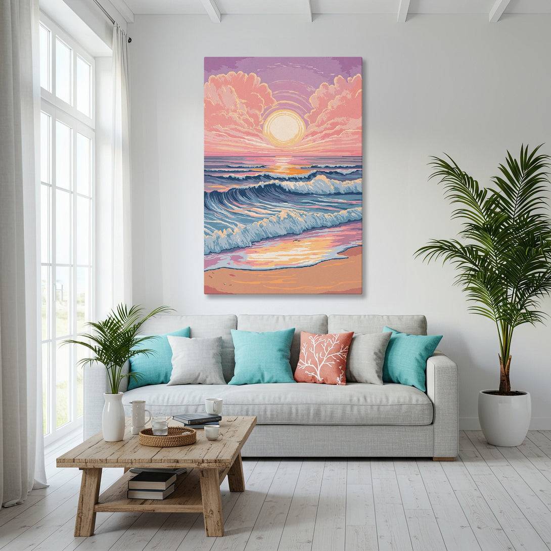 Framed Wall Art: Coastal sunset canvas print in a gold frame. Pastel color palette adds a calming touch to any room. Shop now for beach-inspired decor!