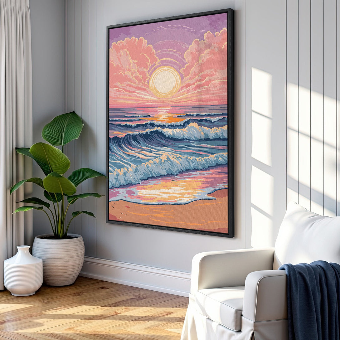 Framed Wall Art: Coastal sunset scene in pixelated style, featuring ocean waves and a vibrant pink, orange, and blue color palette. Perfect for adding a calming touch.