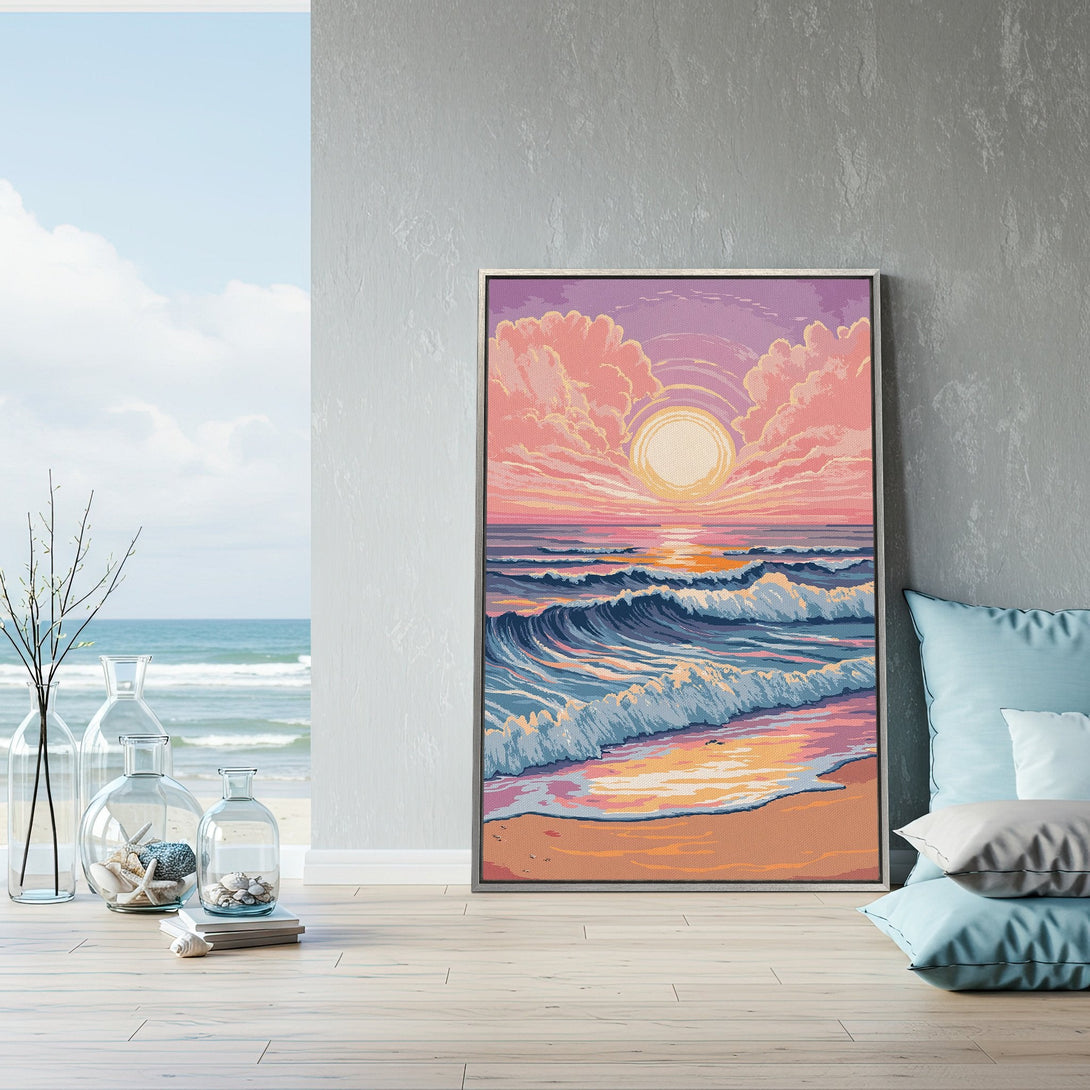 Framed Wall Art of a sunset beach scene in pastel colors. Coastal decor featuring a vibrant sky and ocean waves. Perfect for adding a touch of serenity.