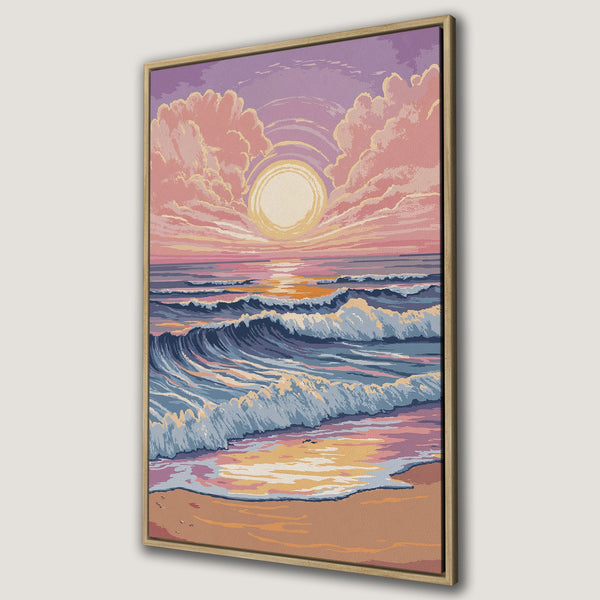Framed Wall Art Canvas Print of a serene sunset over the ocean. Pastel pink, purple, and blue color palette. Perfect coastal decor for your home.