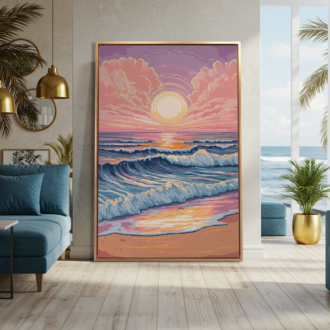 Framed Wall Art of a pixelated sunset over the ocean. Coastal style with a warm, pink and blue color palette. Bring the beach home!