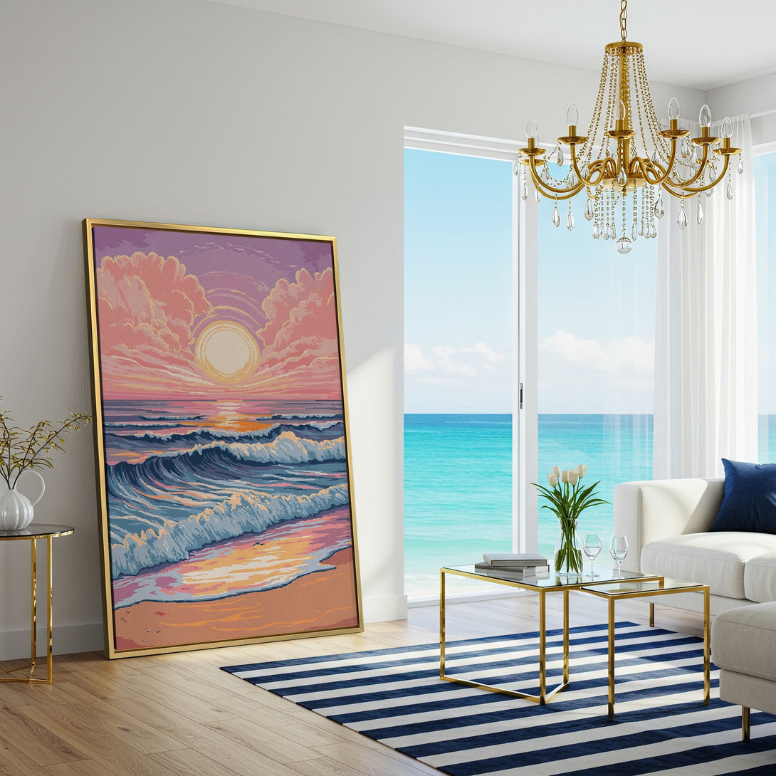 Canvas Print of a pixelated sunset over the ocean. Coastal wall art with a dreamy, pastel color palette. Perfect for living room decor.