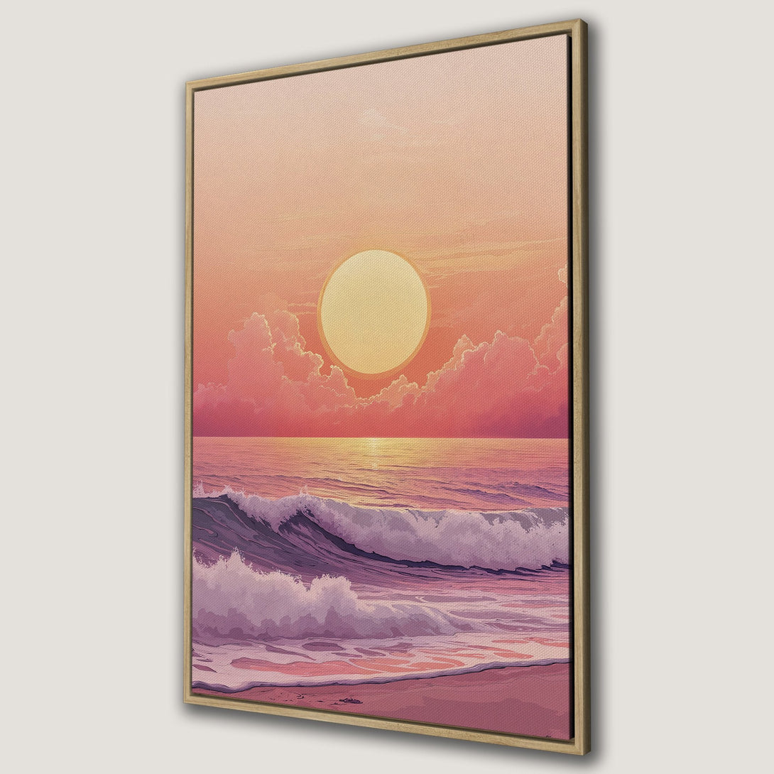 Framed Wall Art: Sunset over ocean waves in a dreamy, pastel color palette. Coastal art print perfect for adding a calming touch to any space.
