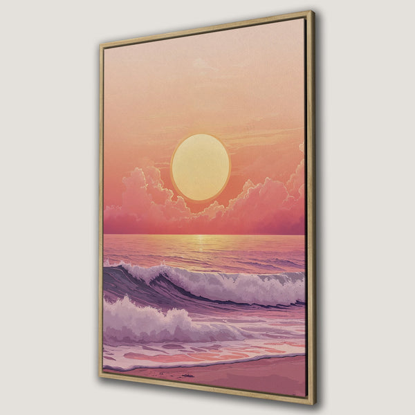 Framed Wall Art: Sunset over ocean waves in a dreamy, pastel color palette. Coastal art print perfect for adding a calming touch to any space.
