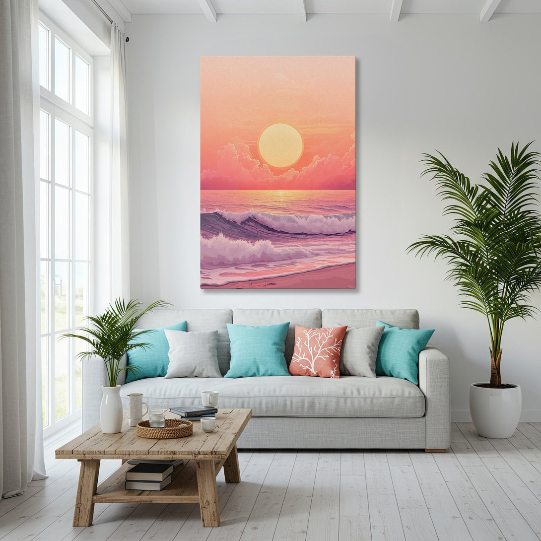 Framed Wall Art featuring a sunset over the ocean, in a coastal style with a pink, orange, and purple color palette. Perfect for living room decor.