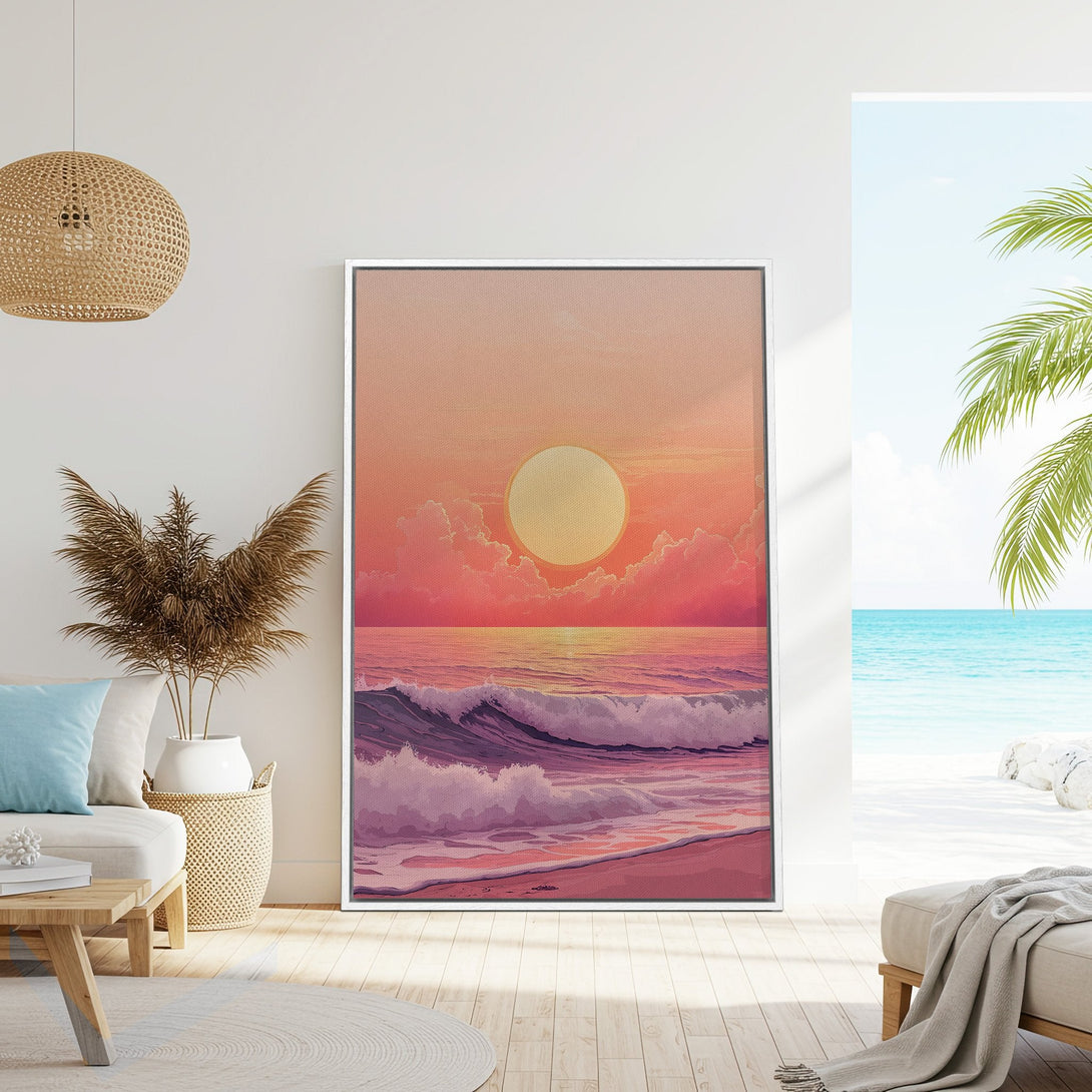 Framed Wall Art featuring a sunset over the ocean in a warm, pink and orange color palette. Coastal art perfect for a relaxing living room.