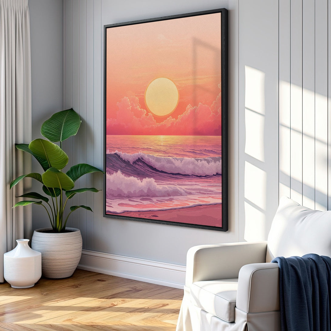 Framed Wall Art: Sunset over ocean canvas print in a warm pink and orange palette. Perfect coastal wall decor for a relaxing vibe.