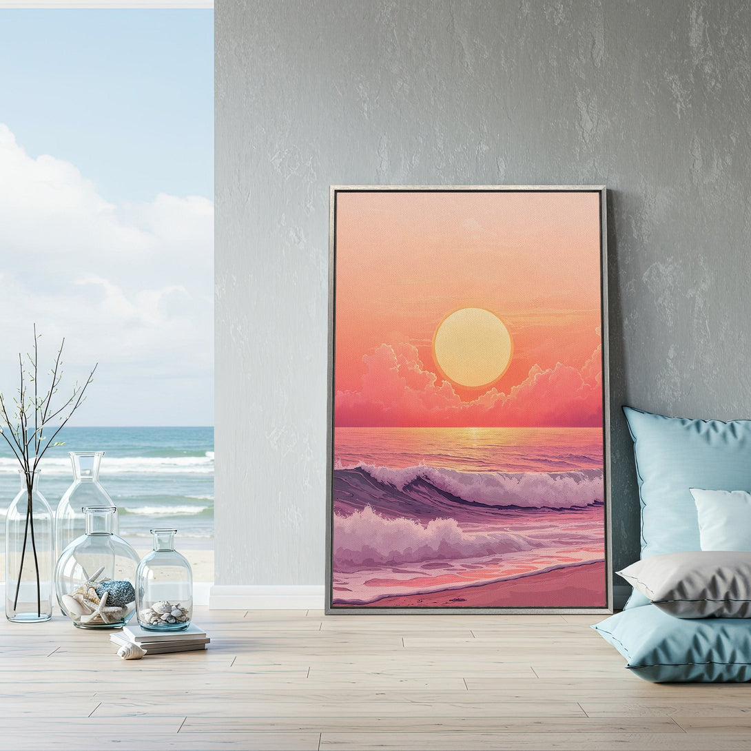 Framed Wall Art: Sunset over ocean in pastel colors. Coastal home decor. Canvas print with pink, orange, and purple hues. Perfect for a relaxing space.