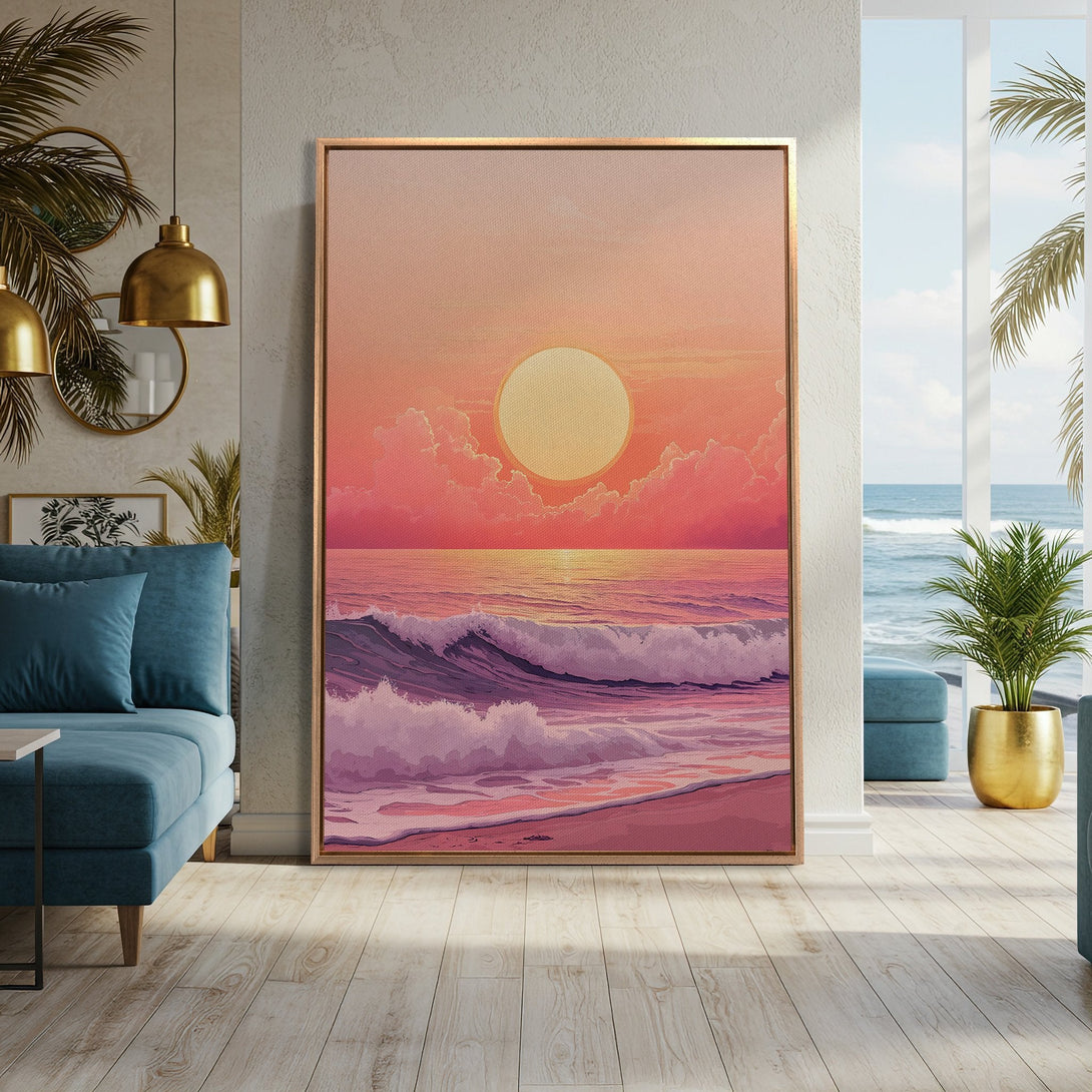 Framed Wall Art of a sunset over the ocean in a coastal style. Features a warm pink and orange color palette. Perfect for adding a touch of serenity.