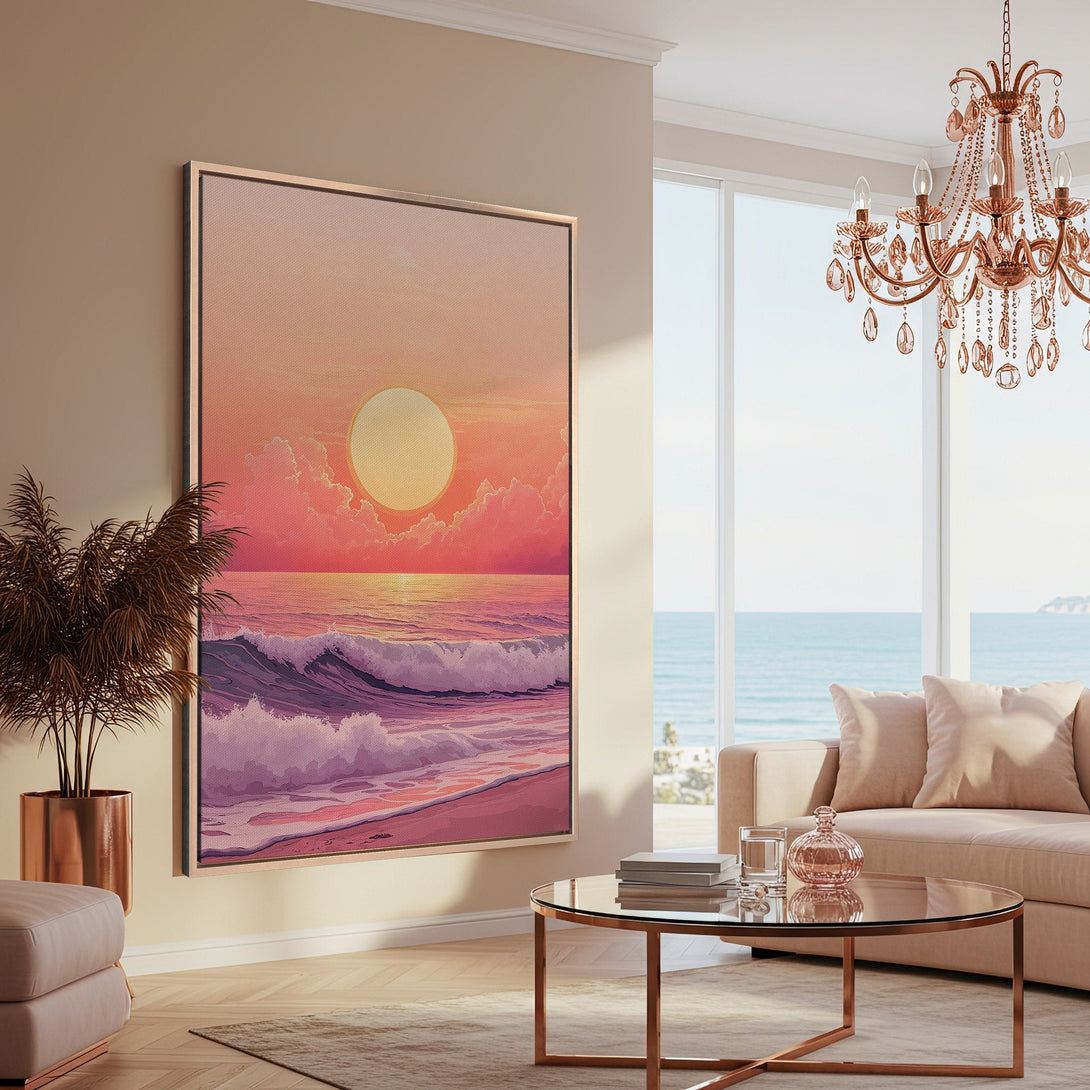 Framed Wall Art of a sunset beach scene in a warm, pastel color palette. Perfect for adding a touch of coastal style to your living room.