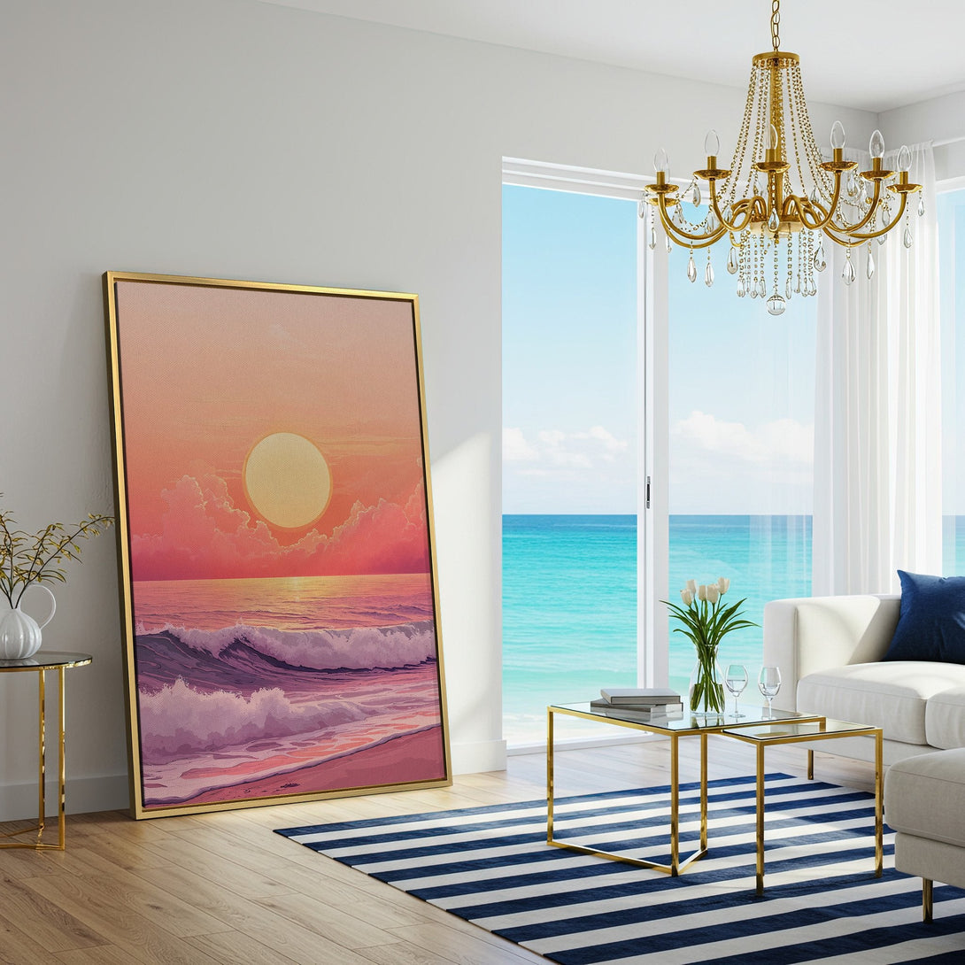 Canvas Print of a serene sunset over the ocean, in a pastel pink and peach color palette. Modern wall art for coastal decor.