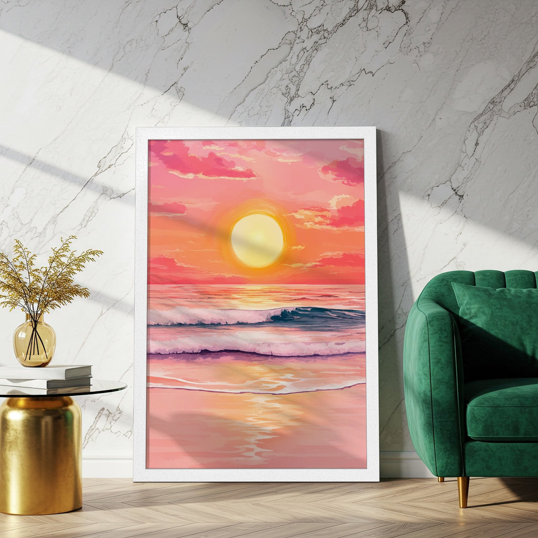 Framed Poster of a sunset over the ocean, painted in a vibrant, impressionistic style with a warm, pink and orange color palette. Perfect wall art!