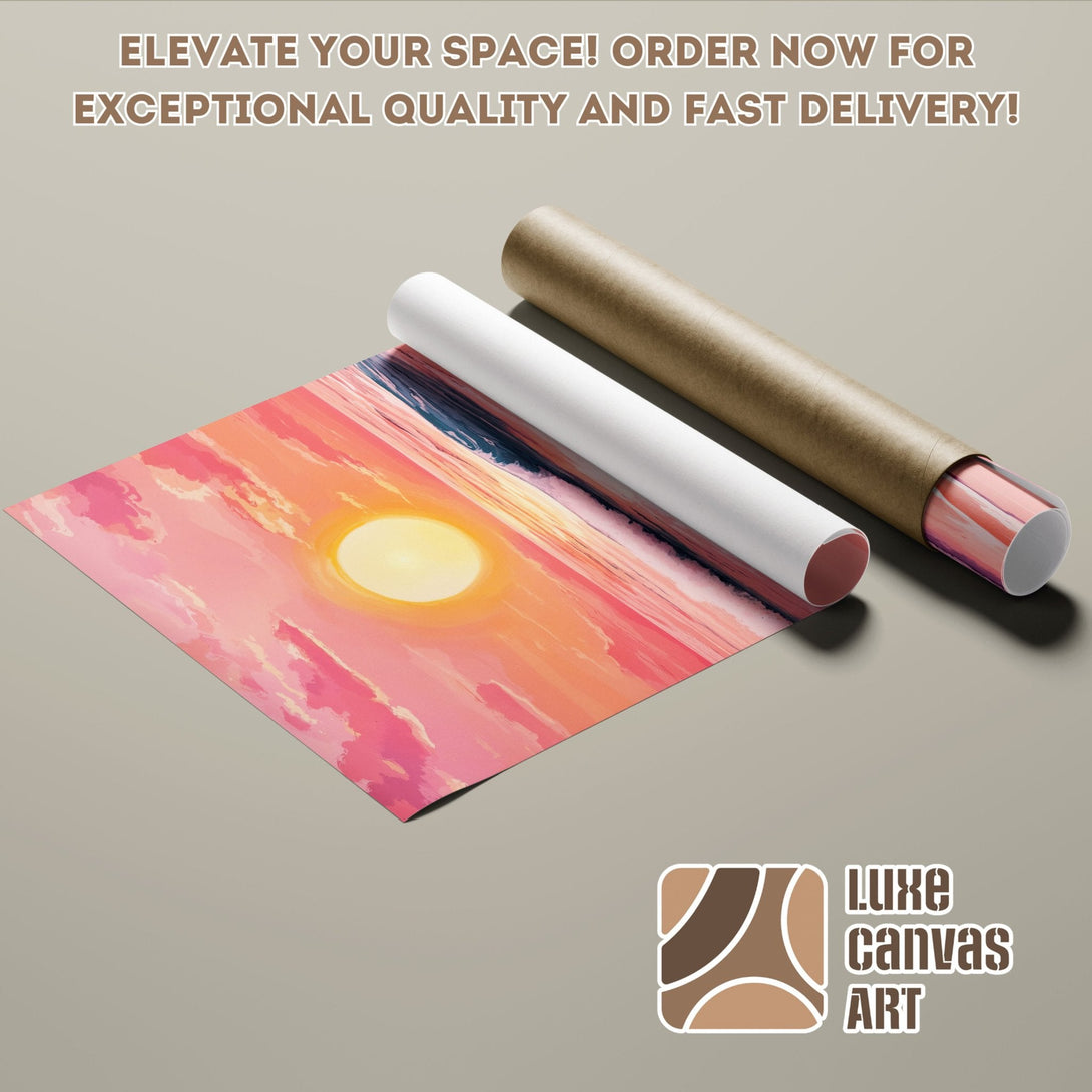 Poster Roll featuring a sunset landscape painting in a vibrant pink and orange palette. Elevate your space!