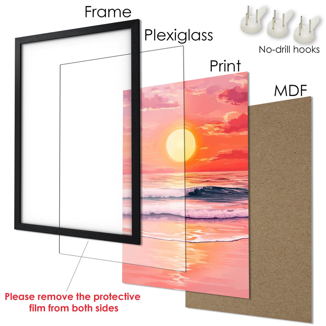 Framed Poster of a sunset beach scene. Artistic style with warm orange and pink color palette. Perfect wall art!