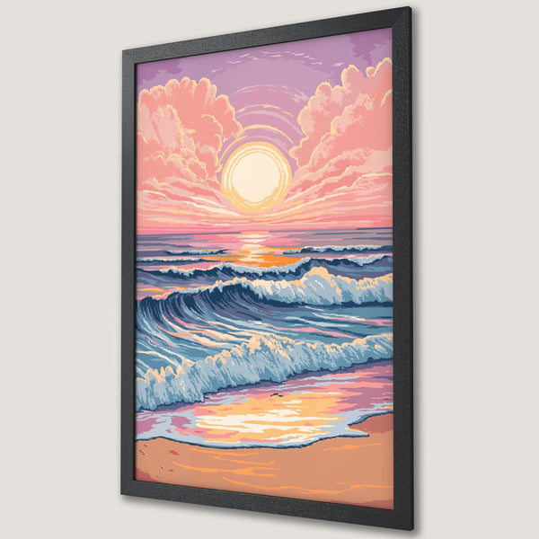 Framed Poster of a sunset over the ocean. Pixel art style with a pastel pink, blue, and orange color palette. Perfect wall art for your home!