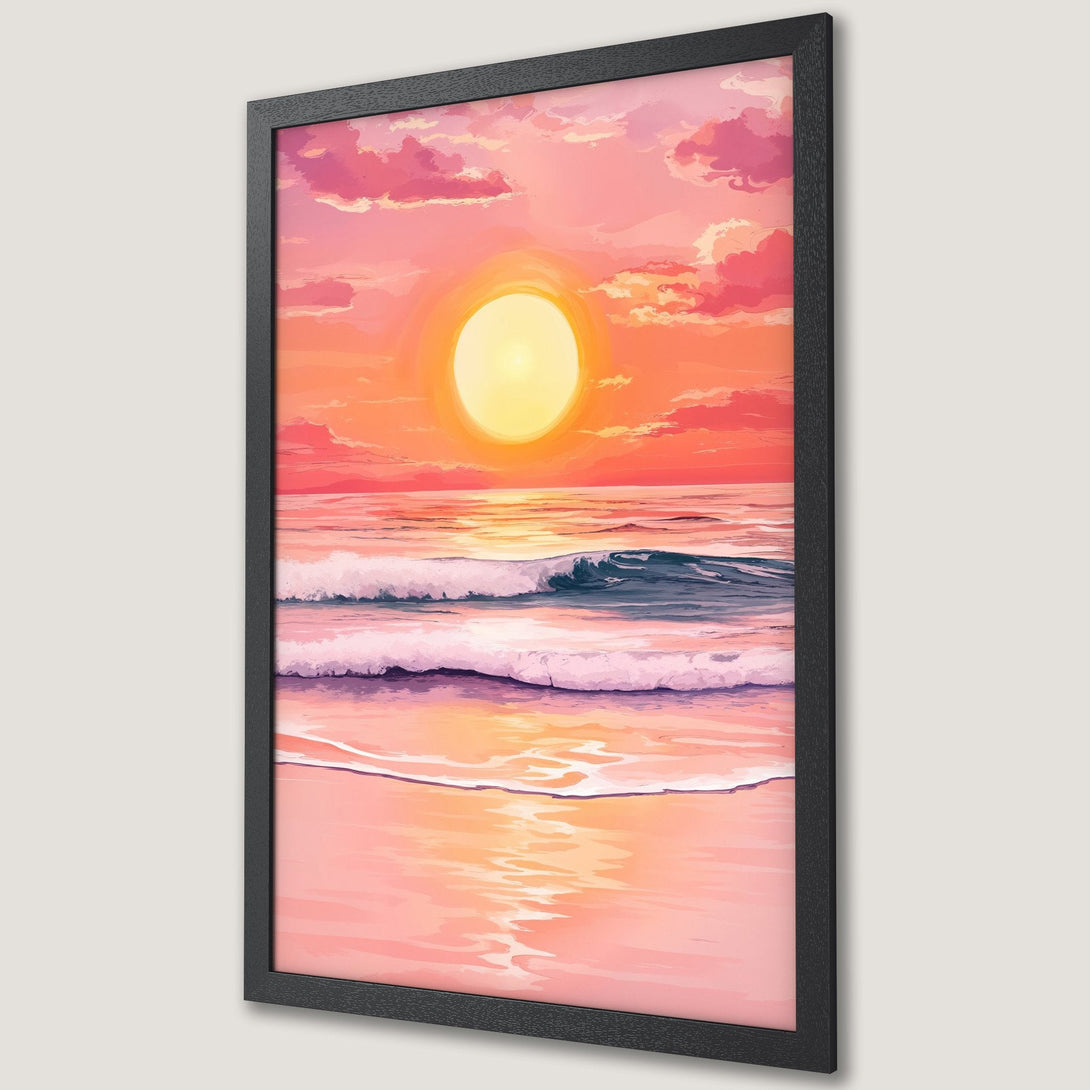 Framed Poster of a sunset over the ocean. Art print in a warm color palette of pink, orange, and yellow. Perfect wall art!