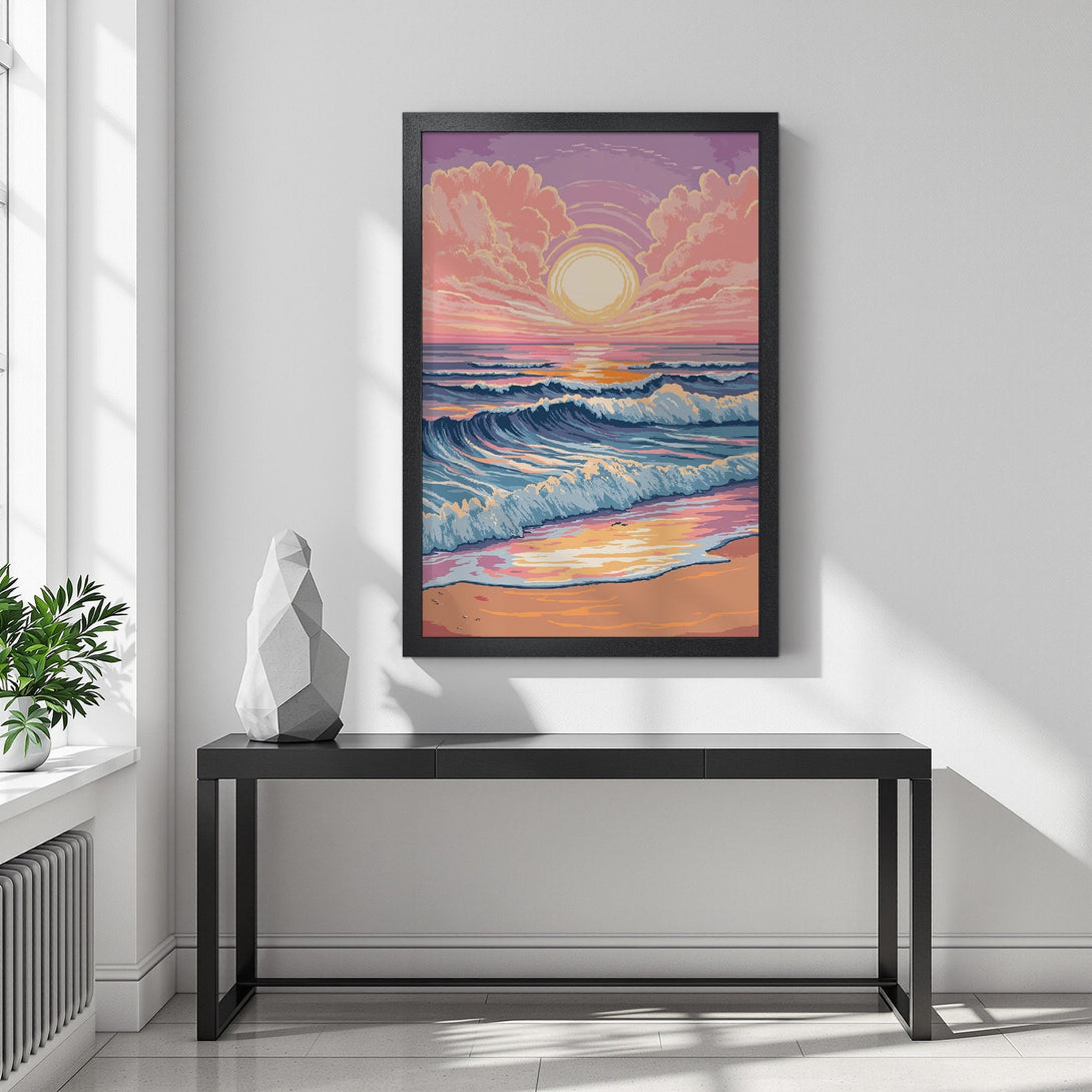 Framed Poster featuring a pixelated sunset over the ocean. Pastel pink, orange, and blue color palette. Perfect beach decor!