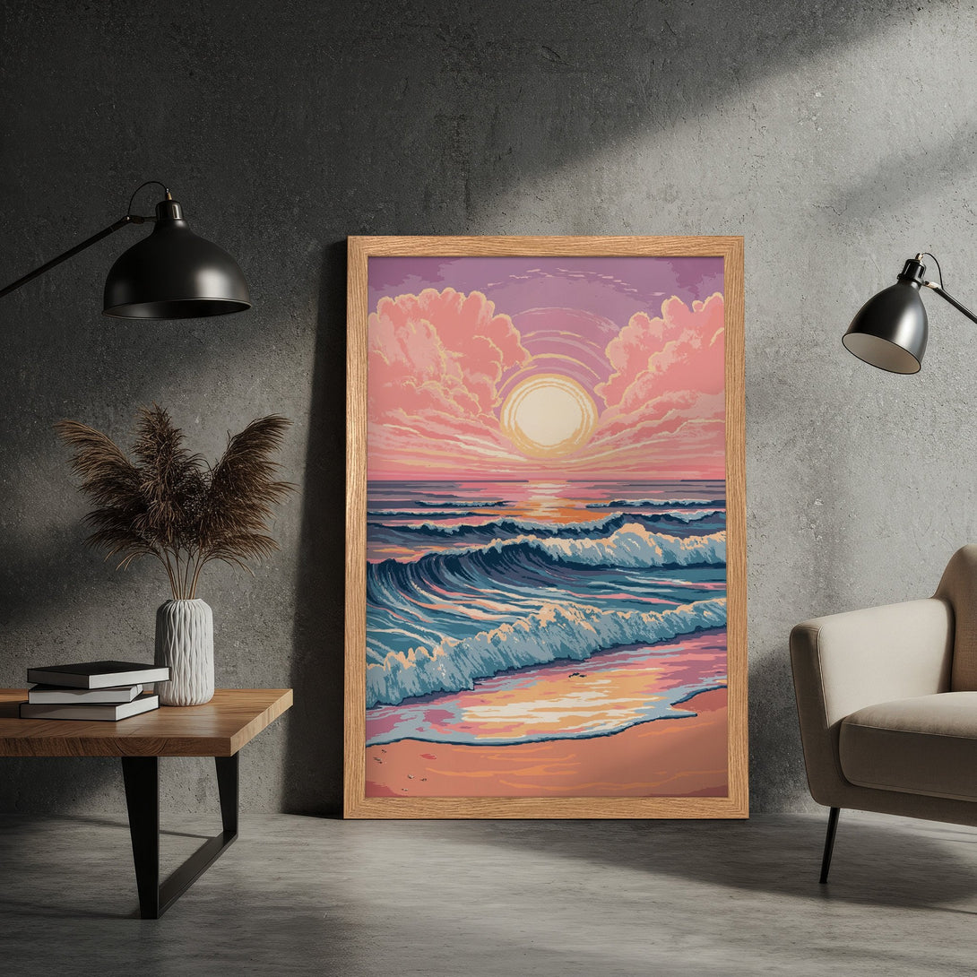 Framed Poster of a sunset over the ocean in a pixelated style, with a pink and blue color palette. Perfect wall art for your home!