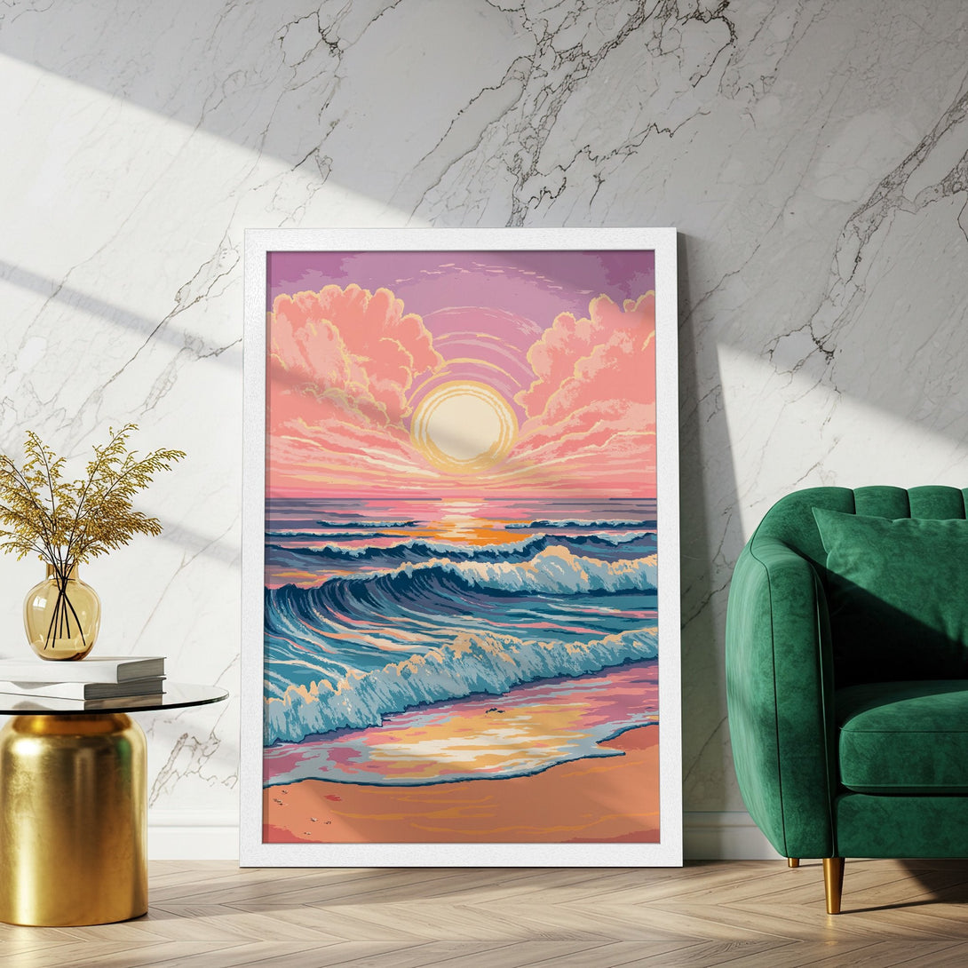 Framed Poster of a sunset over the ocean, featuring a pixelated art style and a warm, pastel color palette. Perfect wall art for your home!