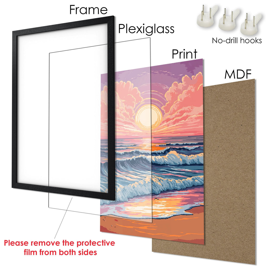 Framed Poster of a sunset beach scene. Coastal art in warm orange, pink, and blue tones. Perfect wall decor.