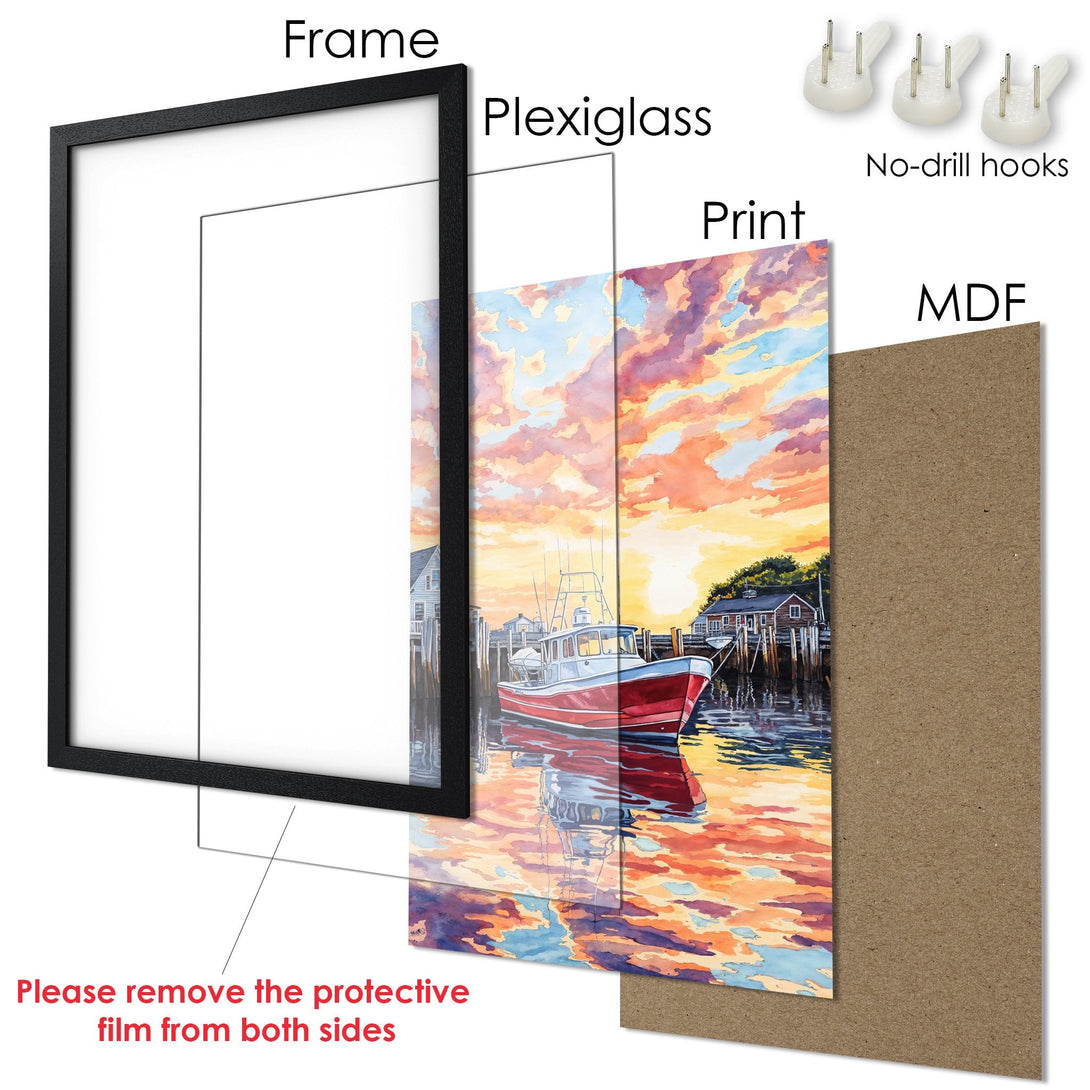 Framed Poster featuring a watercolor boat scene with a warm, sunset color palette. Add coastal charm to your home with this beautiful Poster!