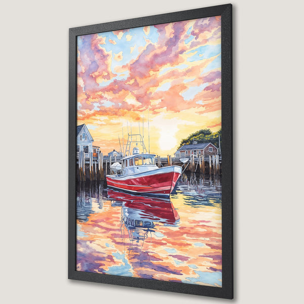 Framed Poster of a watercolor harbor scene with a boat. Warm sunset colors and a beautiful coastal art style. Perfect wall decor.