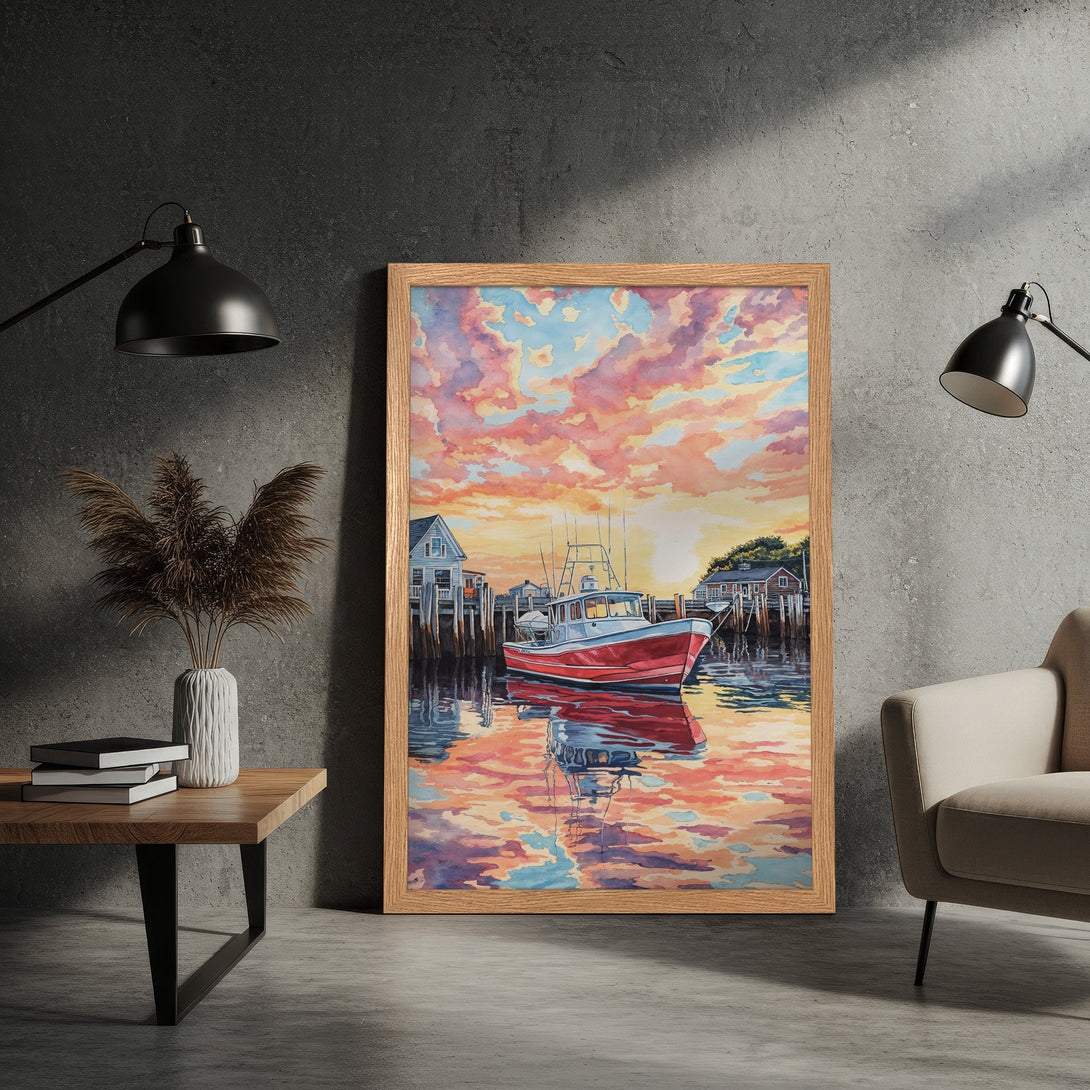 Framed Poster of a watercolor boat scene with a sunset sky. Coastal art in pink, orange, and blue hues. Perfect wall decor.