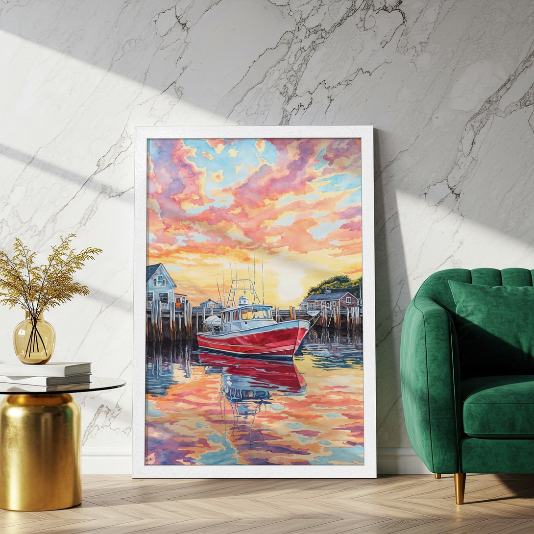 Framed Poster of a watercolor boat scene with sunset sky. Coastal art print in warm, vibrant colors. Perfect wall decor.