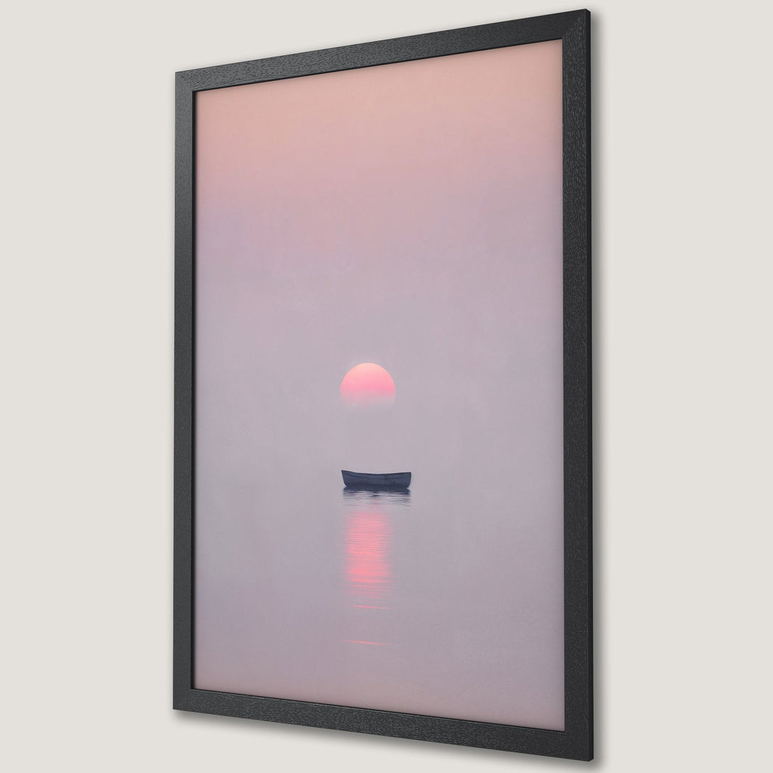 Framed Poster of a serene sunset over water with a boat. Minimalist style, soft pink and gray color palette, perfect for home decor.