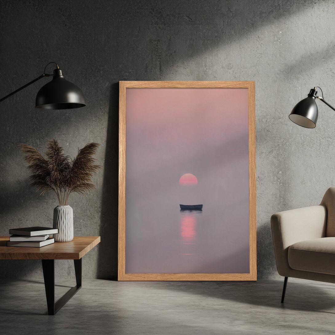 Framed Poster featuring a serene sunset over water. Minimalist style with a soft pink and gray color palette. Perfect wall art for any space.