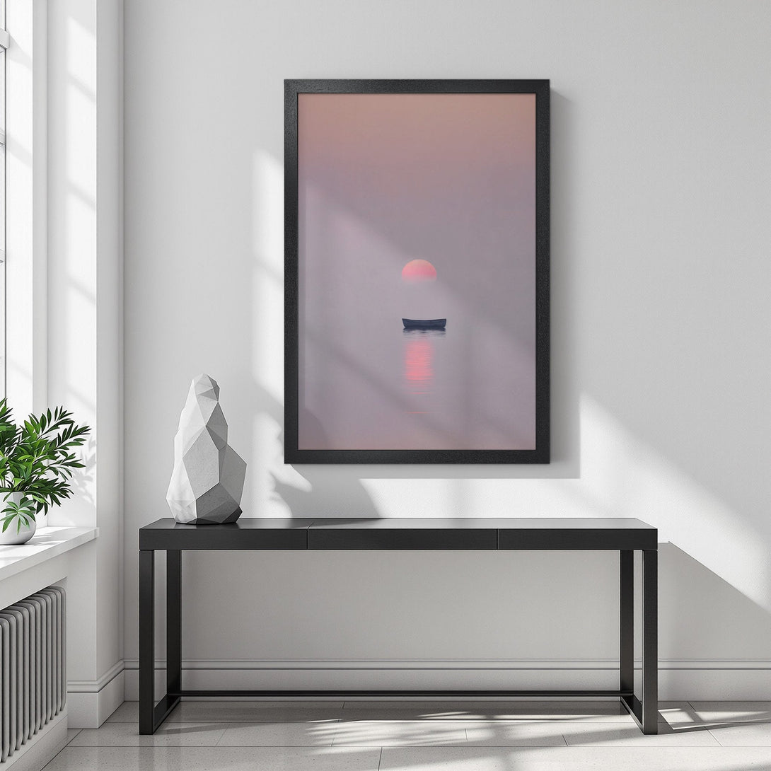 Framed Poster featuring a boat on water at sunset. Minimalist style with a pink and gray color palette. Perfect wall art.