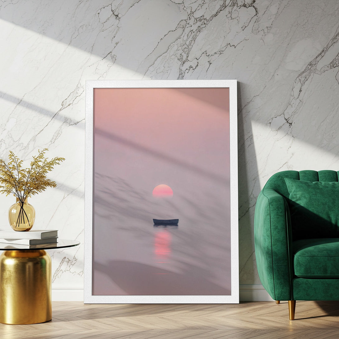Framed Poster featuring a serene sunset over water. Soft, minimalist style with a warm pink and purple color palette. Perfect wall art.