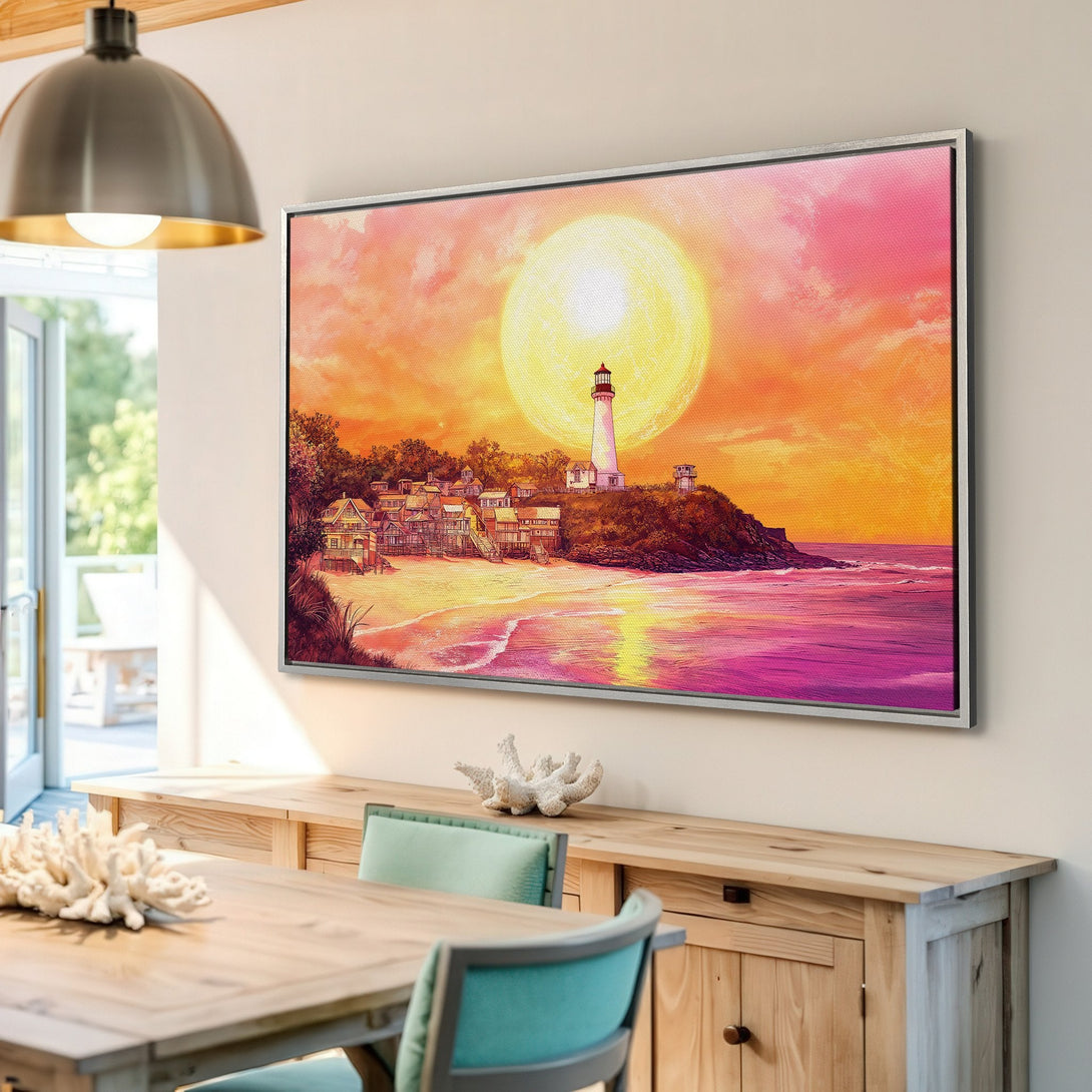 Framed Wall Art Canvas Print of a lighthouse at sunset. Coastal landscape art with vibrant pink, orange, and yellow hues. Perfect for beach house decor.
