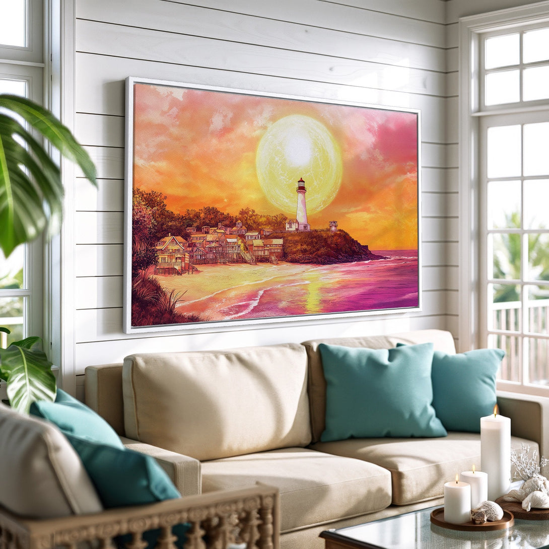 Framed Wall Art: Coastal lighthouse scene in warm sunset colors. Add a touch of serenity to your space with this vibrant canvas print.