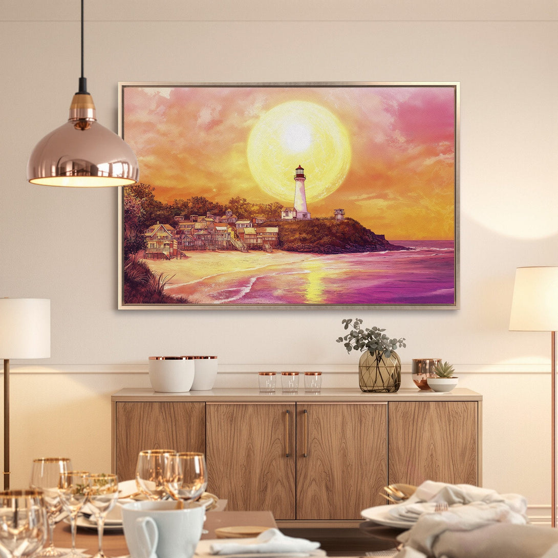 Framed Wall Art: Lighthouse beach scene with sunset color palette. Coastal artwork for your home decor. Add warmth and style!