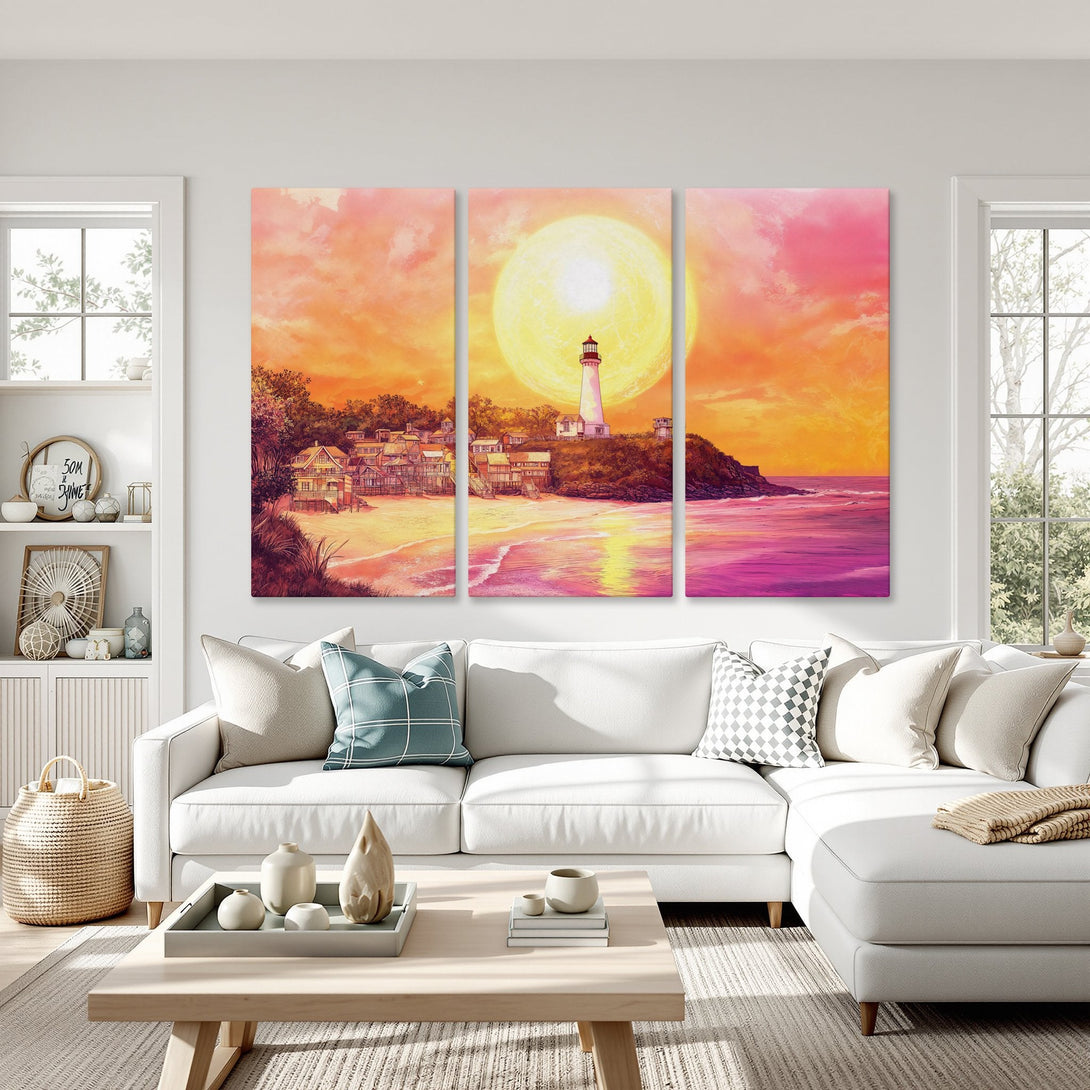 Canvas Print: Coastal lighthouse art in warm sunset hues. Stunning wall art for a vibrant living room. Add coastal charm with this beautiful canvas print.