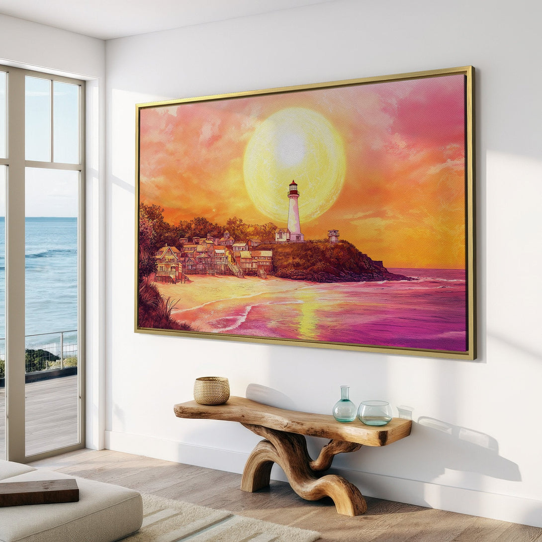 Canvas Print featuring a lighthouse scene with a warm sunset color palette. Coastal art perfect for living room decor.