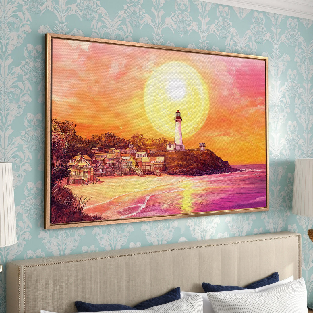 Framed Wall Art: Coastal sunset scene with lighthouse, warm orange & pink hues. Perfect bedroom decor. Canvas print adds a touch of serenity.