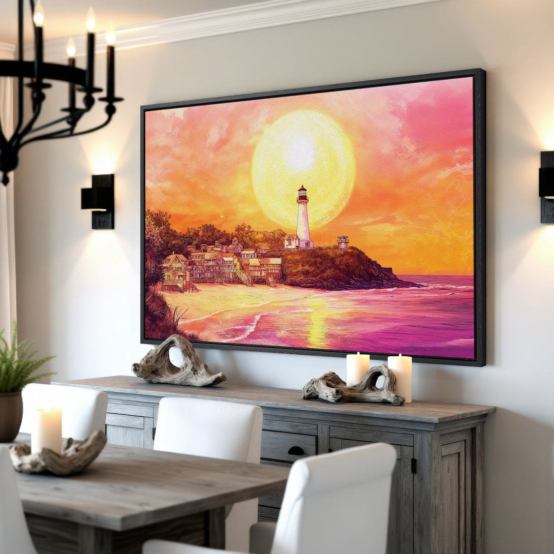 Framed Wall Art: Coastal lighthouse scene in warm sunset tones. Adds a pop of color & style to any room. Shop now!