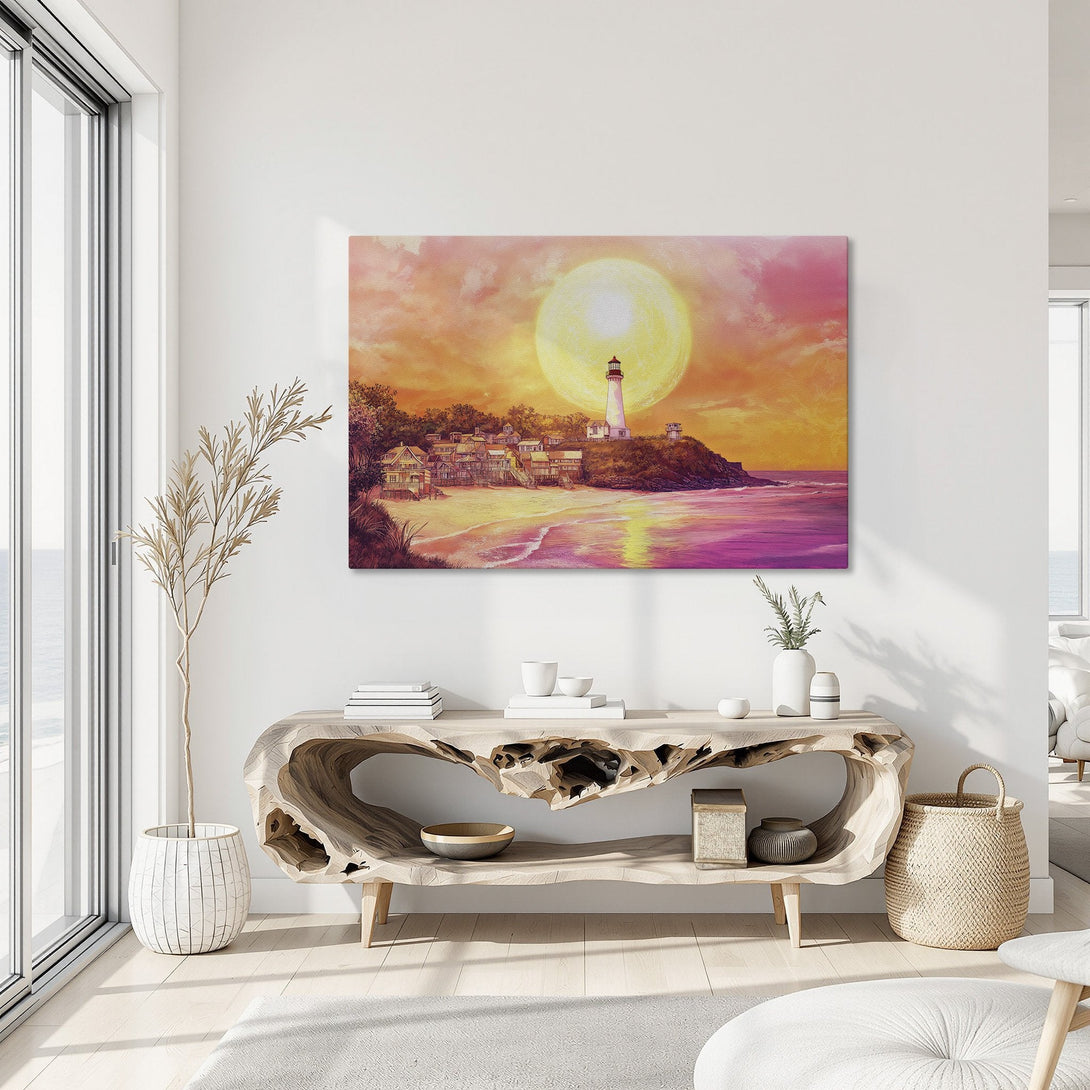 Framed Wall Art: Coastal lighthouse scene in warm sunset hues. Vibrant orange, pink, and purple color palette. Perfect for adding a touch of serenity to your home.